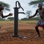 African tribesman performing a rain dance around a well water pump built by Mr. Beast.