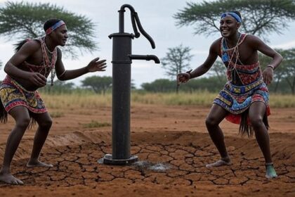 African tribesman performing a rain dance around a well water pump built by Mr. Beast.