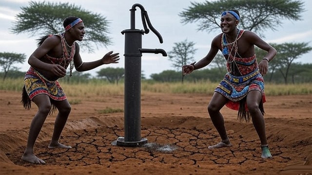 African tribesman performing a rain dance around a well water pump built by Mr. Beast.