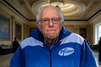 Bernie Sanders wearing a blue and white Pfizer jacket inside of Congress for RFK Jr. hearing.