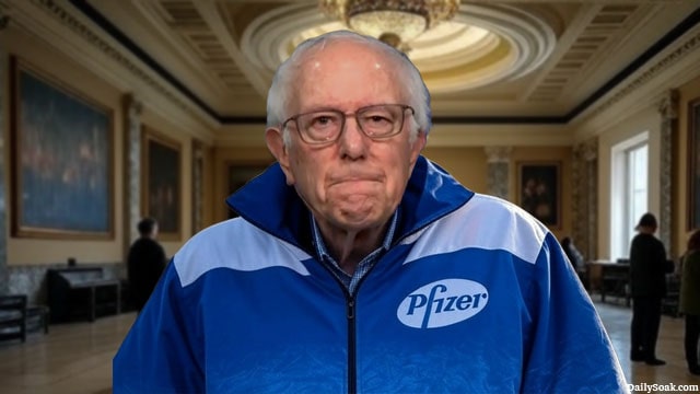 Bernie Sanders wearing a blue and white Pfizer jacket inside of Congress for RFK Jr. hearing.
