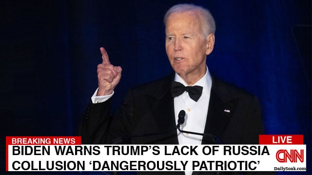 Joe Biden giving a speech on stage regarding Donald Trump's alleged Russia collusion.
