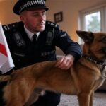 British police officer holding an England flag next to a dog inside of a home.