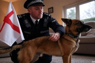 British police officer holding an England flag next to a dog inside of a home.