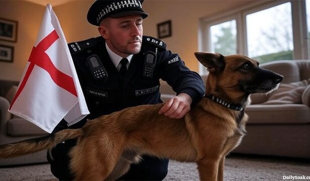 British police officer holding an England flag next to a dog inside of a home.