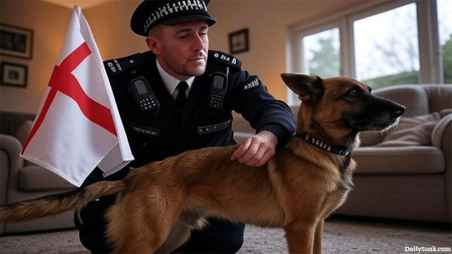 British police officer holding an England flag next to a dog inside of a home.
