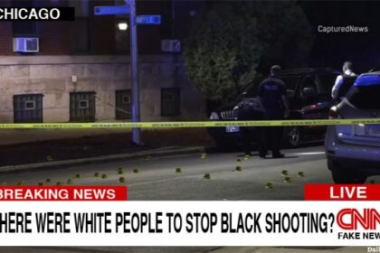 Parody CNN news headline showing police officers in a Chicago crime scene.