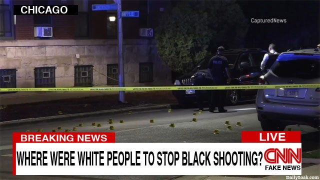 Parody CNN news headline showing police officers in a Chicago crime scene.