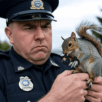 Nova Scotia Canada police officer holding a squirrel near the woods.