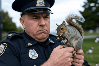 Nova Scotia Canada police officer holding a squirrel near the woods.