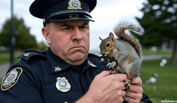 Nova Scotia Canada police officer holding a squirrel near the woods.