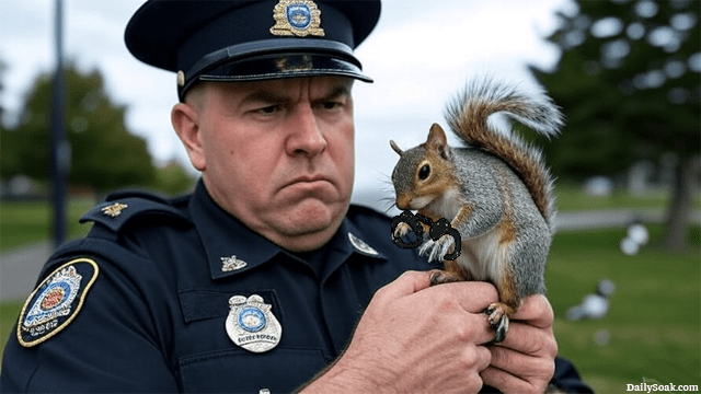 Nova Scotia Canada police officer holding a squirrel near the woods.