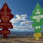 Two massive air fresheners standing on the border between China and India.