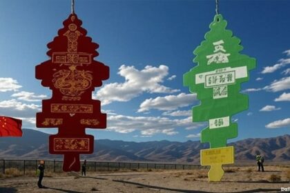 Two massive air fresheners standing on the border between China and India.