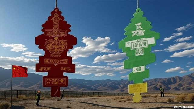Two massive air fresheners standing on the border between China and India.