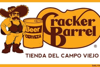 New Cracker Barrel logo with a Mexican illegal alien and a beer can replacing the bearded man.