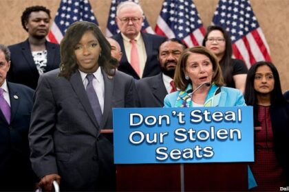Male and female Democrats in Congress standing behind podium to protest Trump's census.