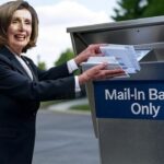 Nancy Pelosi shoving mail-n ballots into a gray mail-in ballot box in front of Trump's White House.