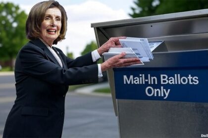 Nancy Pelosi shoving mail-n ballots into a gray mail-in ballot box in front of Trump's White House.