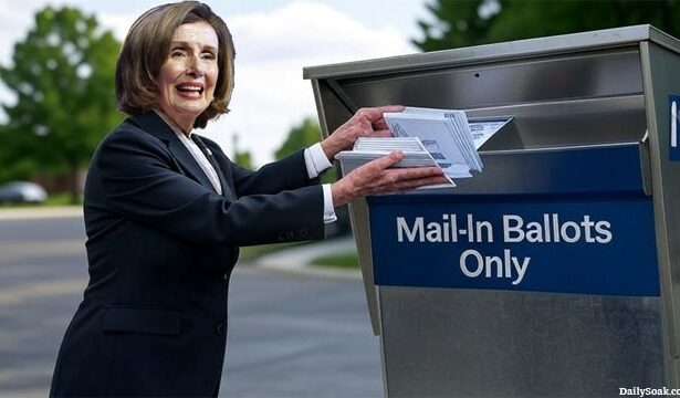 Nancy Pelosi shoving mail-n ballots into a gray mail-in ballot box in front of Trump's White House.