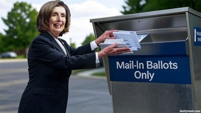 Nancy Pelosi shoving mail-n ballots into a gray mail-in ballot box in front of Trump's White House.