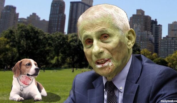 Dr. Fauci in a park next to a beagle dog.