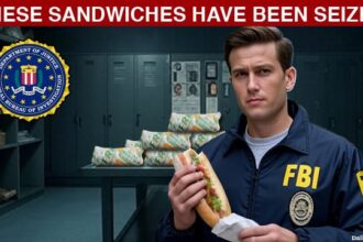FBI agent inside of an FBI evidence room with dozens of Subway sandwiches on a table in middle of room.