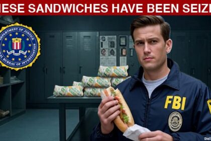 FBI agent inside of an FBI evidence room with dozens of Subway sandwiches on a table in middle of room.