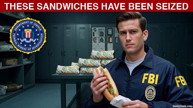 FBI agent inside of an FBI evidence room with dozens of Subway sandwiches on a table in middle of room.