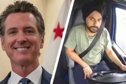 California Governor Gavin Newsom standing next to Illegal Indian Trucker Harjinder Singh.