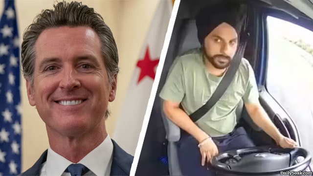 California Governor Gavin Newsom standing next to Illegal Indian Trucker Harjinder Singh.