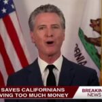 Gavin Newsom giving an interview on a news program.