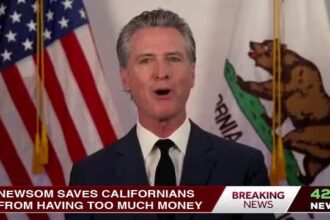 Gavin Newsom giving an interview on a news program.