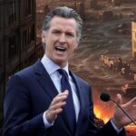 Gavin Newsom giving a speech on a ravaged California sanctuary city street.