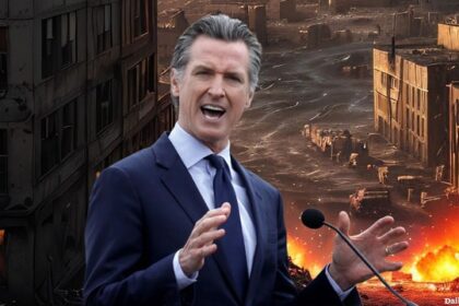 Gavin Newsom giving a speech on a ravaged California sanctuary city street.