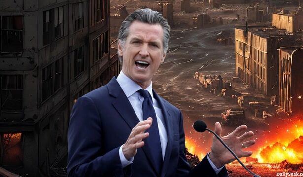 Gavin Newsom giving a speech on a ravaged California sanctuary city street.