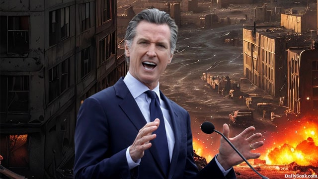 Gavin Newsom giving a speech on a ravaged California sanctuary city street.