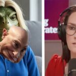 Hillary Clinton as a lizard giving an interview on Ragin Moderates podcast with Jessica Tarlov.