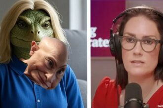 Hillary Clinton as a lizard giving an interview on Ragin Moderates podcast with Jessica Tarlov.