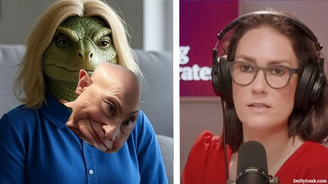 Hillary Clinton as a lizard giving an interview on Ragin Moderates podcast with Jessica Tarlov.