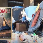California homeless encampment with tents, trash, and filth.