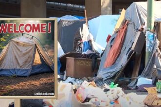 California homeless encampment with tents, trash, and filth.