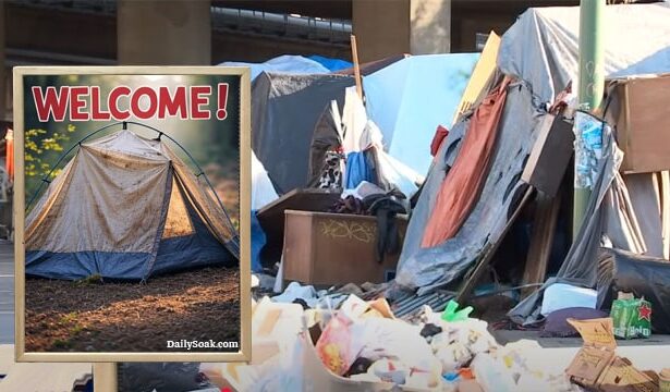 California homeless encampment with tents, trash, and filth.