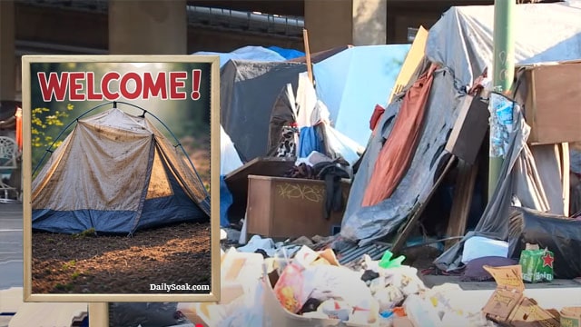 California homeless encampment with tents, trash, and filth.