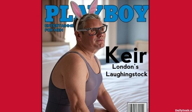 UK Prime Minister Keir Starmer wearing a bathing suit on the cover of Playboy magazine.
