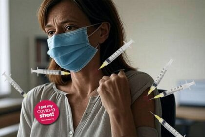 Liberal white woman in a doctor's office getting injected with the COVID vaccine after RFK Jr. banned vaccines.