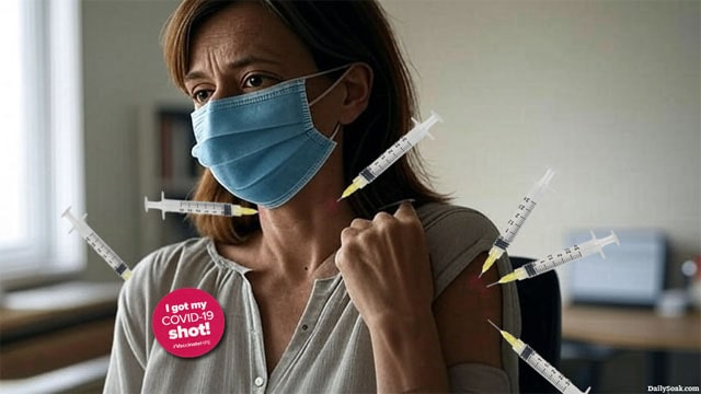 Liberal white woman in a doctor's office getting injected with the COVID vaccine after RFK Jr. banned vaccines.