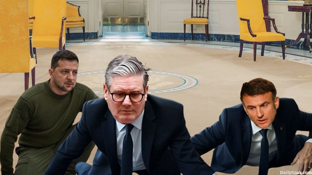 Keir Starmer, Zelenksy, and Emmanuel Macron on their knees inside of the White House.