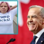 Canada Prime Minister Mark Carney on stage laughing at a pink-haired Canadian woman.