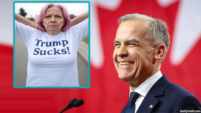 Canada Prime Minister Mark Carney on stage laughing at a pink-haired Canadian woman.